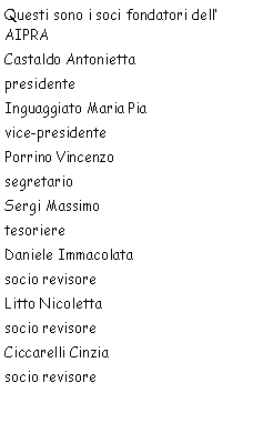 Casella di testo: Questi sono i soci fondatori dell’AIPRACastaldo Antonietta
            	presidente Inguaggiato Maria Piavice-presidente Porrino Vincenzosegretario 
                Sergi Massimotesoriere Daniele Immacolatasocio revisore Litto Nicoletta
                socio revisore Ciccarelli Cinziasocio revisore 